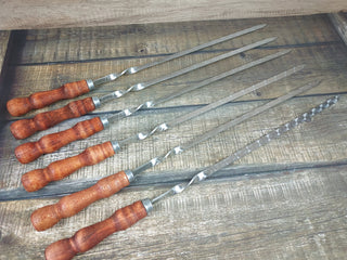 Hand Forged Grill Skewer Set: Stainless Steel with Wood Handle
