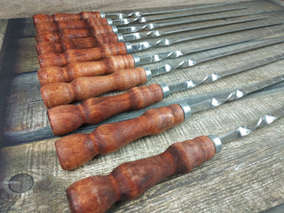 Hand Forged Stainless Steel Skewers with Wood Handle: Grilling Set of 10