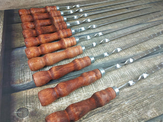 Hand Forged Stainless Steel Skewers with Wood Handle: Grilling Set of 10