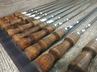 Hand Forged Stainless Steel Skewers with Wood Handle - Set of 10