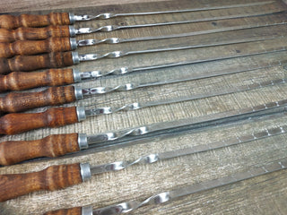Hand Forged Stainless Steel Skewers with Wood Handle - Set of 10