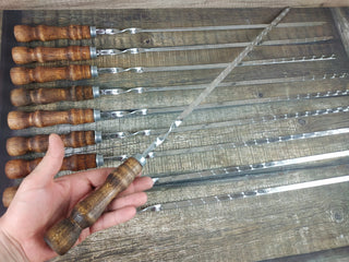 Hand Forged Stainless Steel Skewers with Wood Handle - Set of 10