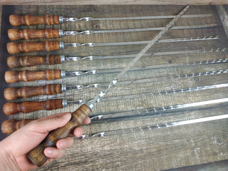 Hand Forged Stainless Steel Skewers with Wood Handle - Set of 10