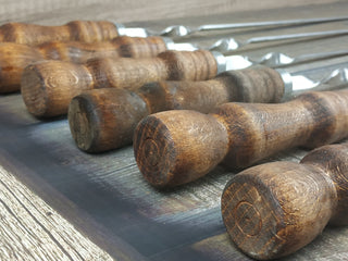 Hand Forged Stainless Steel Grill Skewers with Wood Handle - Set of 6