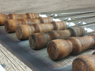 Hand Forged Stainless Steel Grill Skewers with Wood Handle - Set of 6