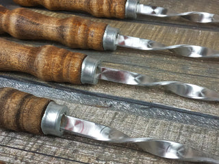 Hand Forged Stainless Steel Grill Skewers with Wood Handle - Set of 6