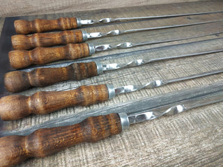 Hand Forged Stainless Steel Grill Skewers with Wood Handle - Set of 6