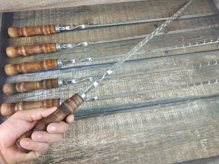 Hand Forged Stainless Steel Grill Skewers with Wood Handle - Set of 6