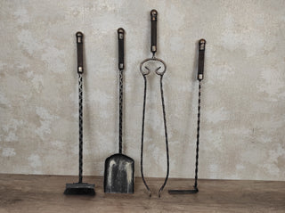 Hand Forged Fireplace Tools Set: Poker, Tongs, Shovel, Broom + Stand