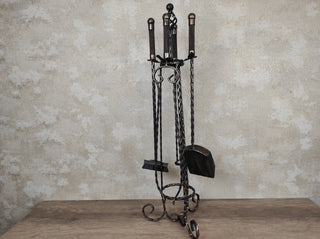 Hand Forged Fireplace Tools Set: Poker, Tongs, Shovel, Broom + Stand