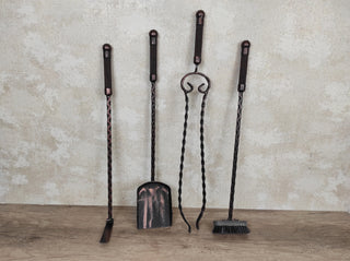 Hand Forged Fireplace Tools Set: Poker, Tongs, Shovel, Broom