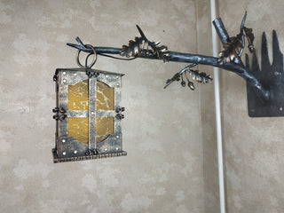 Wrought iron wall lamp on a metal oak branch. Wall lantern, Ceiling lantern, Wrought iron sconces, lantern centerpiece, Medieval lantern