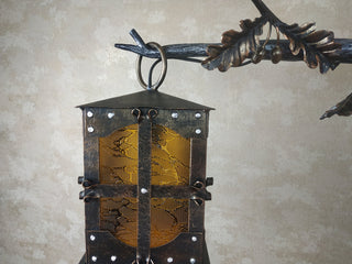 Wrought iron wall lamp on a metal oak branch. Wall lantern, Ceiling lantern, Wrought iron sconces, lantern centerpiece, Medieval lantern