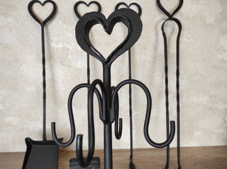 Hand Forged Fireplace Tool Set: Heart Design, 4 Piece + Stand