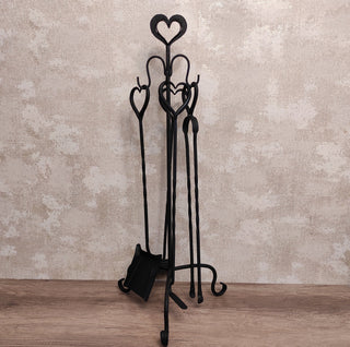 Hand Forged Fireplace Tool Set: Heart Design, 4 Piece + Stand