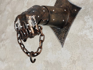 Wrought iron wall lamp on a metal knight's hand. Wall lantern, Ceiling lantern, Wrought iron sconces, lantern centerpiece, Medieval lantern