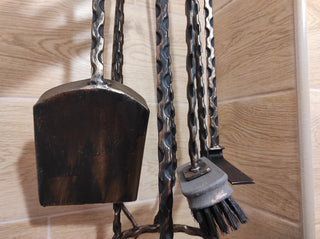 Hand Forged Fireplace Tools Set: Poker, Tongs, Shovel, Broom + Stand