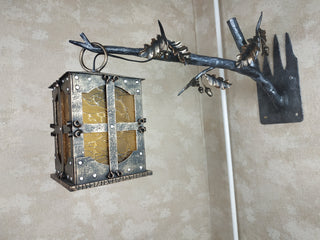 Hand Forged Wrought Iron Wall Lantern: Medieval Oak Branch Sconce