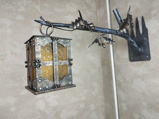 Wrought iron wall lamp on a metal oak branch. Wall lantern, Ceiling lantern, Wrought iron sconces, lantern centerpiece, Medieval lantern