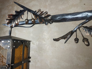Hand Forged Wrought Iron Wall Lantern: Medieval Oak Branch Sconce