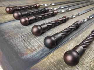 Hand Forged Kebab Skewers: Iron Grill Utensils, Camping Cookware (Set of 6)