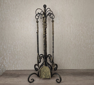 Hand Forged Fireplace Tools Set: Iron Fire Poker, Tongs, Shovel & Broom