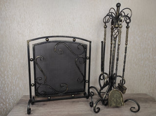 Hand Forged Fireplace Tool Set with Screen: Iron Fireplace Accessories
