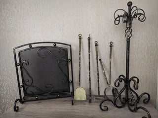 Set of forged fireplace tools and fireplace screen,fireplace poker, fireplace tongs, shovel, broom, hand forged, fireplace gift