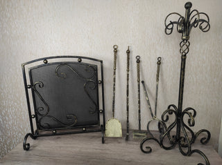 Set of forged fireplace tools and fireplace screen,fireplace poker, fireplace tongs, shovel, broom, hand forged, fireplace gift