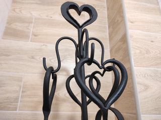 Hand Forged Fireplace Tool Set: Heart Design, 4 Piece + Stand