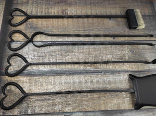 Hand Forged Fireplace Tool Set: Heart Design, 4 Piece + Stand