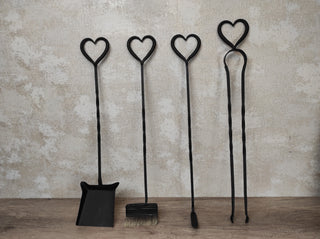 Hand Forged Fireplace Tool Set: Heart Design, 4 Piece + Stand