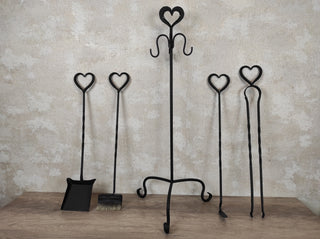 Hand Forged Fireplace Tool Set: Heart Design, 4 Piece + Stand