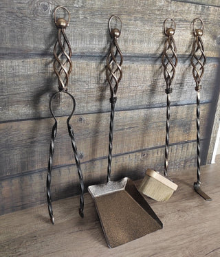 Hand Forged Fireplace Tool Set: Poker, Tongs, Shovel & Broom