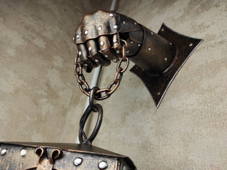 Wrought iron wall lamp on a metal knight's hand. Wall lantern, Ceiling lantern, Wrought iron sconces, lantern centerpiece, Medieval lantern