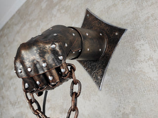 Wrought iron wall lamp on a metal knight's hand. Wall lantern, Ceiling lantern, Wrought iron sconces, lantern centerpiece, Medieval lantern