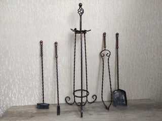Hand Forged Fireplace Tool Set: Poker, Tongs, Shovel, Broom