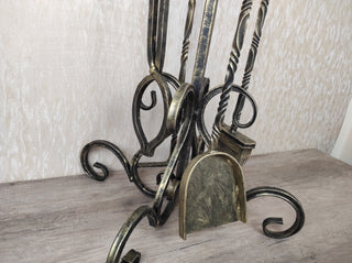 Hand Forged Fireplace Tools Set: Iron Fire Poker, Tongs, Shovel & Broom