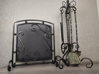 Hand Forged Fireplace Tool Set with Screen: Iron Fireplace Accessories