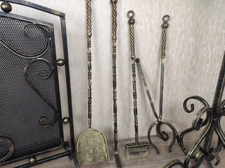 Set of forged fireplace tools and fireplace screen,fireplace poker, fireplace tongs, shovel, broom, hand forged, fireplace gift