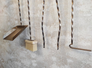 Hand Forged Fireplace Tool Set: Poker, Tongs, Shovel, Broom & Wall Stand
