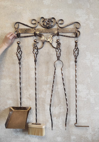 Hand Forged Fireplace Tool Set: Poker, Tongs, Shovel, Broom & Wall Stand