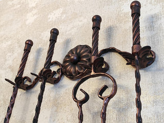 Hand Forged Fireplace Tool Set: Poker, Tongs, Shovel, Broom & Wall Stand