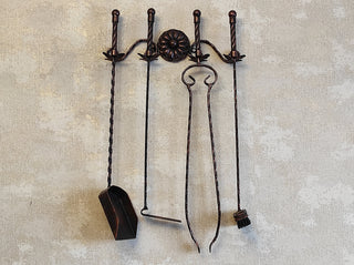 A set of forged fireplace tools 4 pieces and wall stand. Fireplace poker, Fireplace Tongs, Shovel, Broom, Hand Forged, Fireplace Gift,