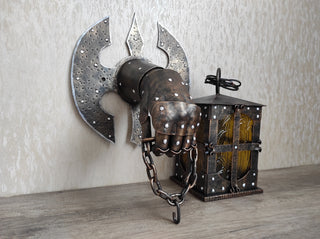 Hand Forged Wrought Iron Wall Lantern: Medieval Knight Sconce