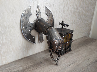 Hand Forged Wrought Iron Wall Lantern: Medieval Knight Sconce
