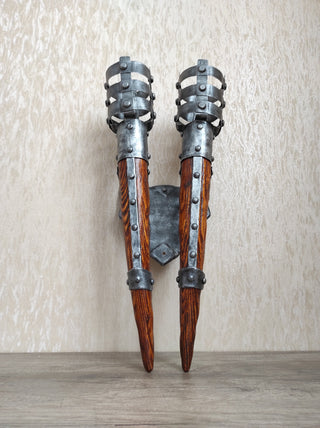 Hand Forged Wrought Iron Medieval Double Torch Sconce