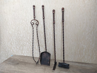 Hand Forged Fireplace Tool Set: Poker, Tongs, Shovel, Broom