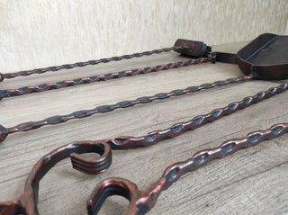 Hand Forged Fireplace Tool Set: Poker, Tongs, Shovel, Broom