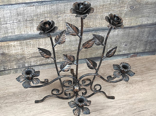 Handmade Forged Iron Rose Candlestick: Metal Flower Sculpture